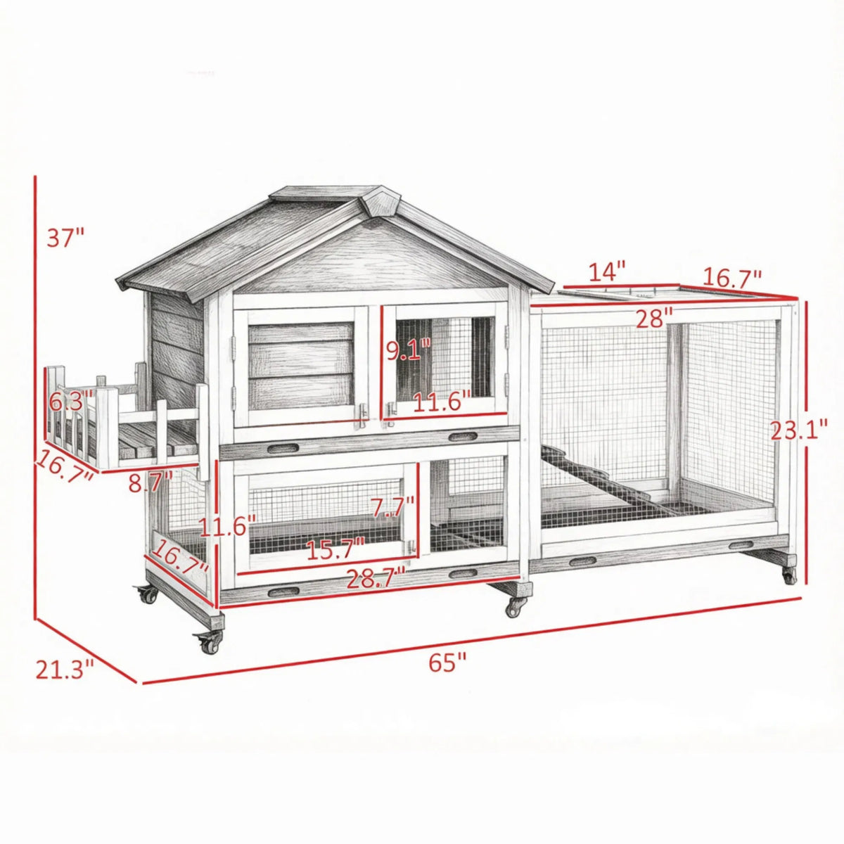 Gris 65" Spacieuse Hutch en bois de lapin: Pet Playpen avec toit ouvert pour un accès facile et St