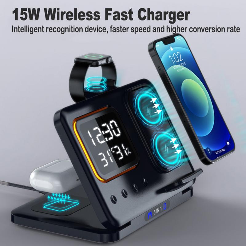 15W sans fil chargeurs Stand 5 In1 LED réveil numérique rapide charge station
