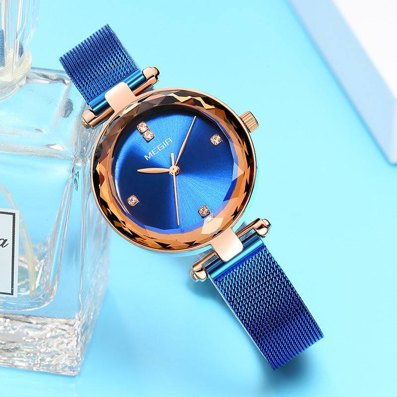 Élégante coupe-miroir Importé Mouvement Quartz Femmes Montre avec une bande d'acier et Diamond Acc