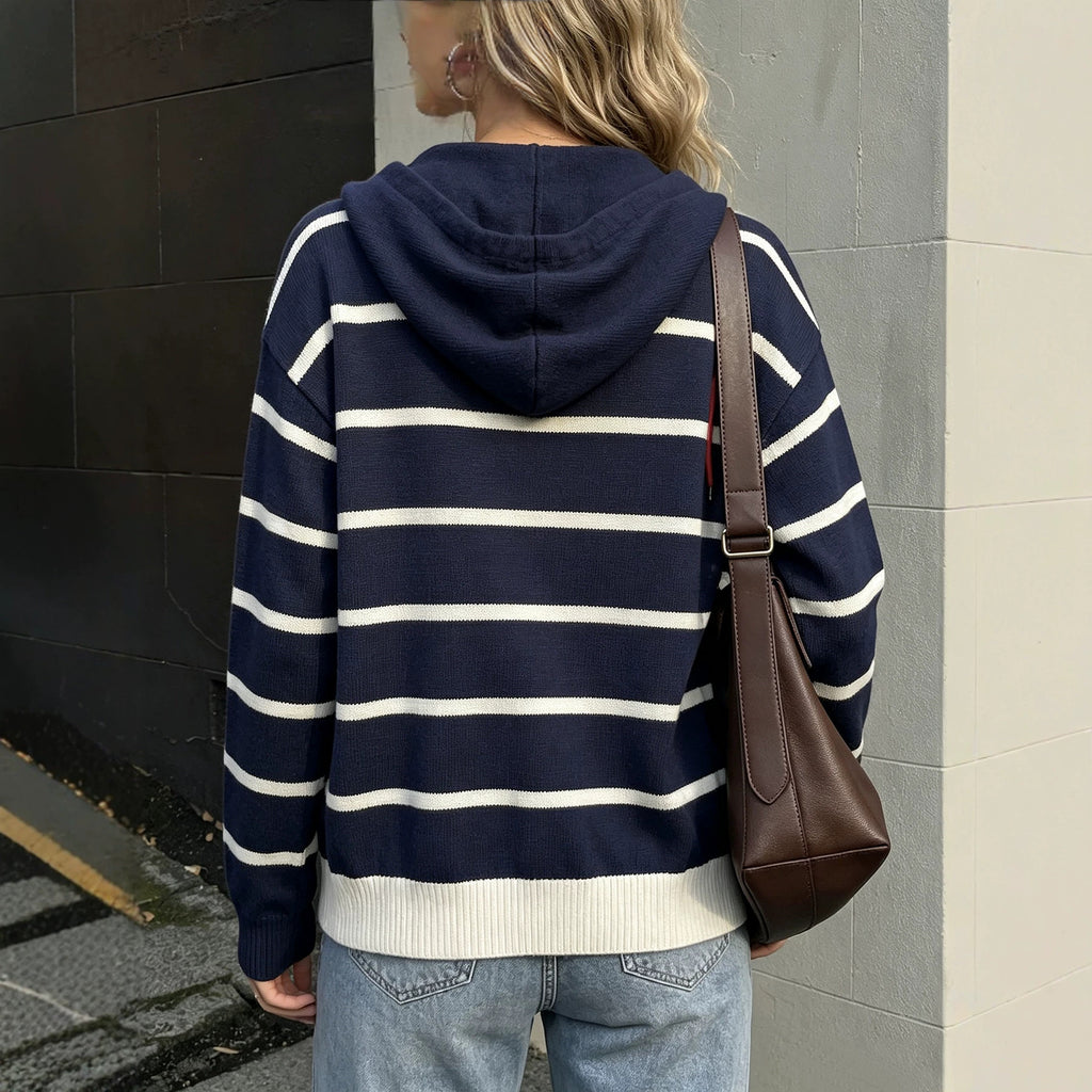 Les femmes tricotées Cardigan avec capot et cordon drawstring Casual et polyvalent