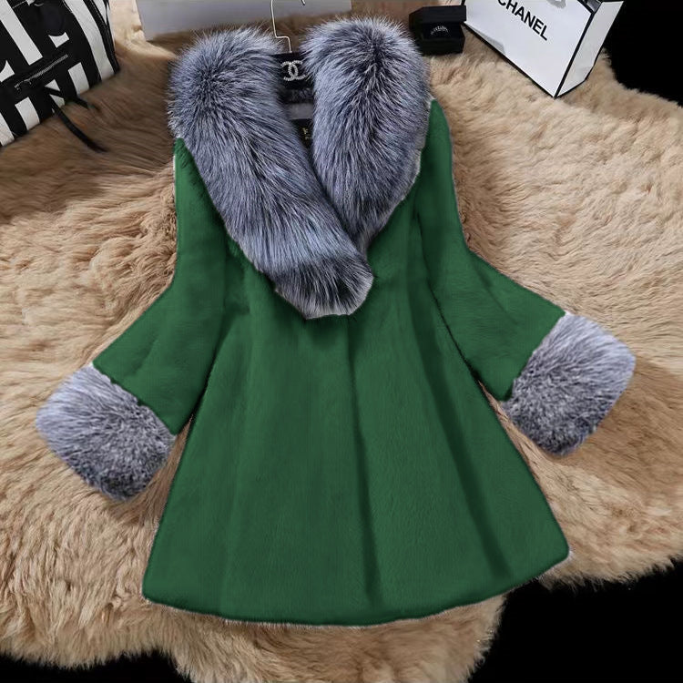 Femmes Faux Argent Collier de fourrure de renard Faux Mink Fur Coat
