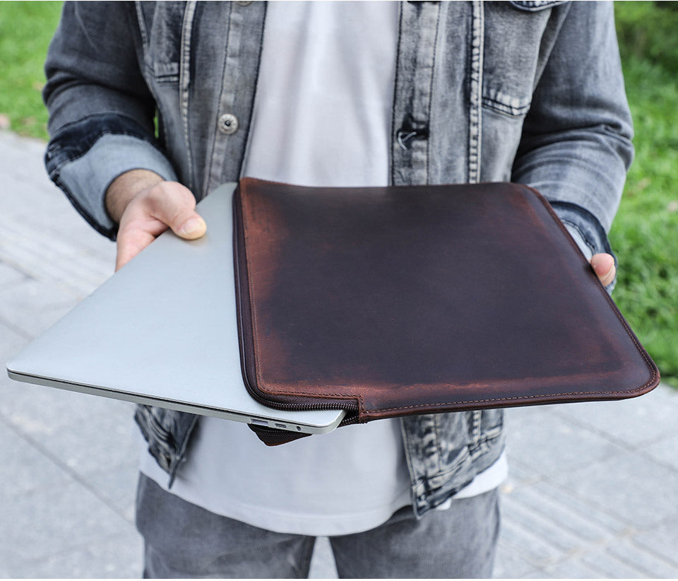 Retro Crazy Horse Carnet de notes en cuir Zipper Computer Bag
