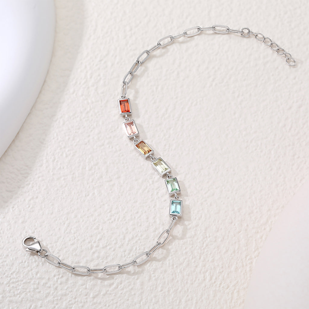 S925 Argent Sterling Rectangle Rainbow Lab-Grown Bracelet en pierre gemme 16cm Paperclip Chaîne Pl