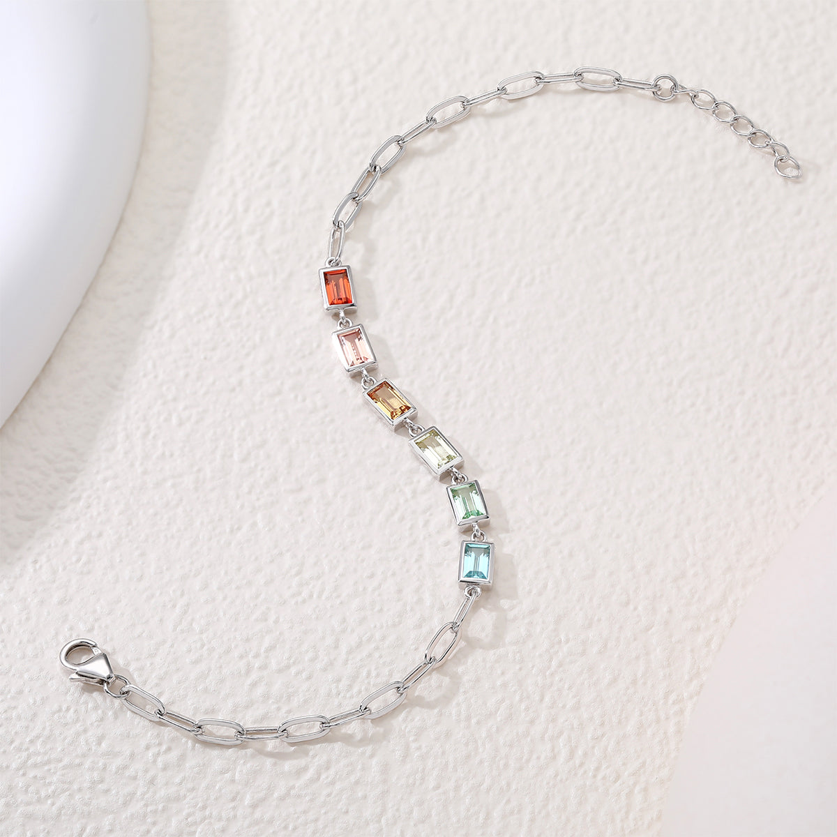 S925 Argent Sterling Rectangle Rainbow Lab-Grown Bracelet en pierre gemme 16cm Paperclip Chaîne Pl