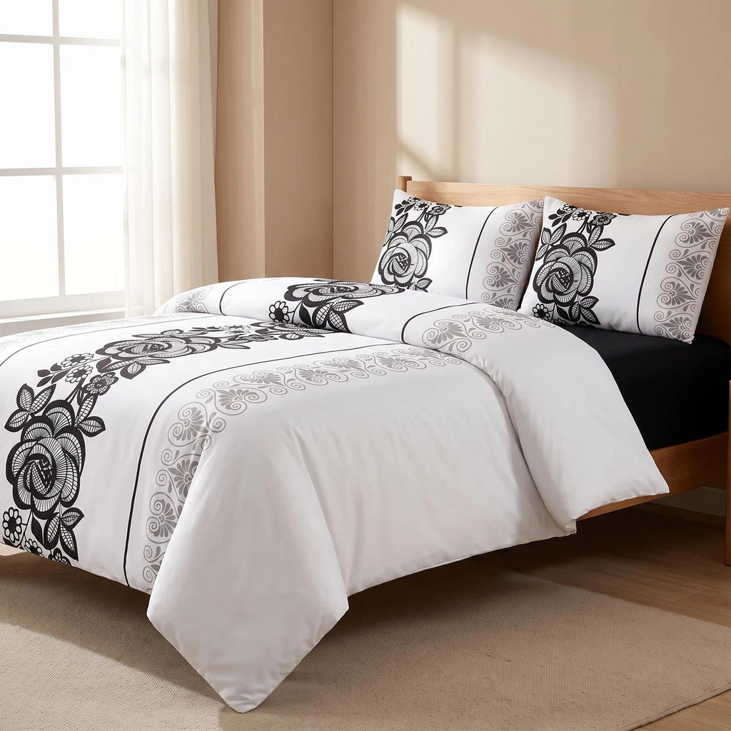 4 pièces noir et blanc Bohème Floral Couvercle de couverture de lit pour la Reine