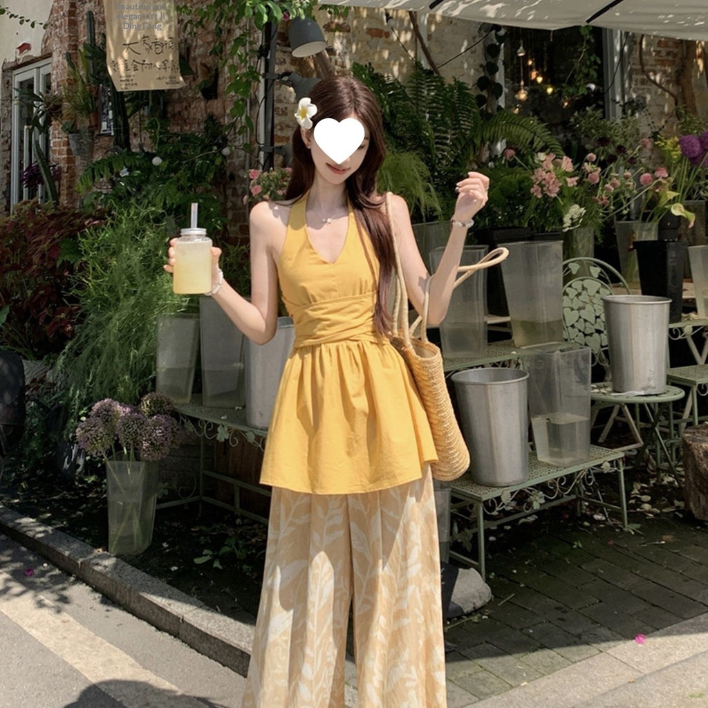 Pantalon d'été bi-pièces à deux manches à cintre jaune