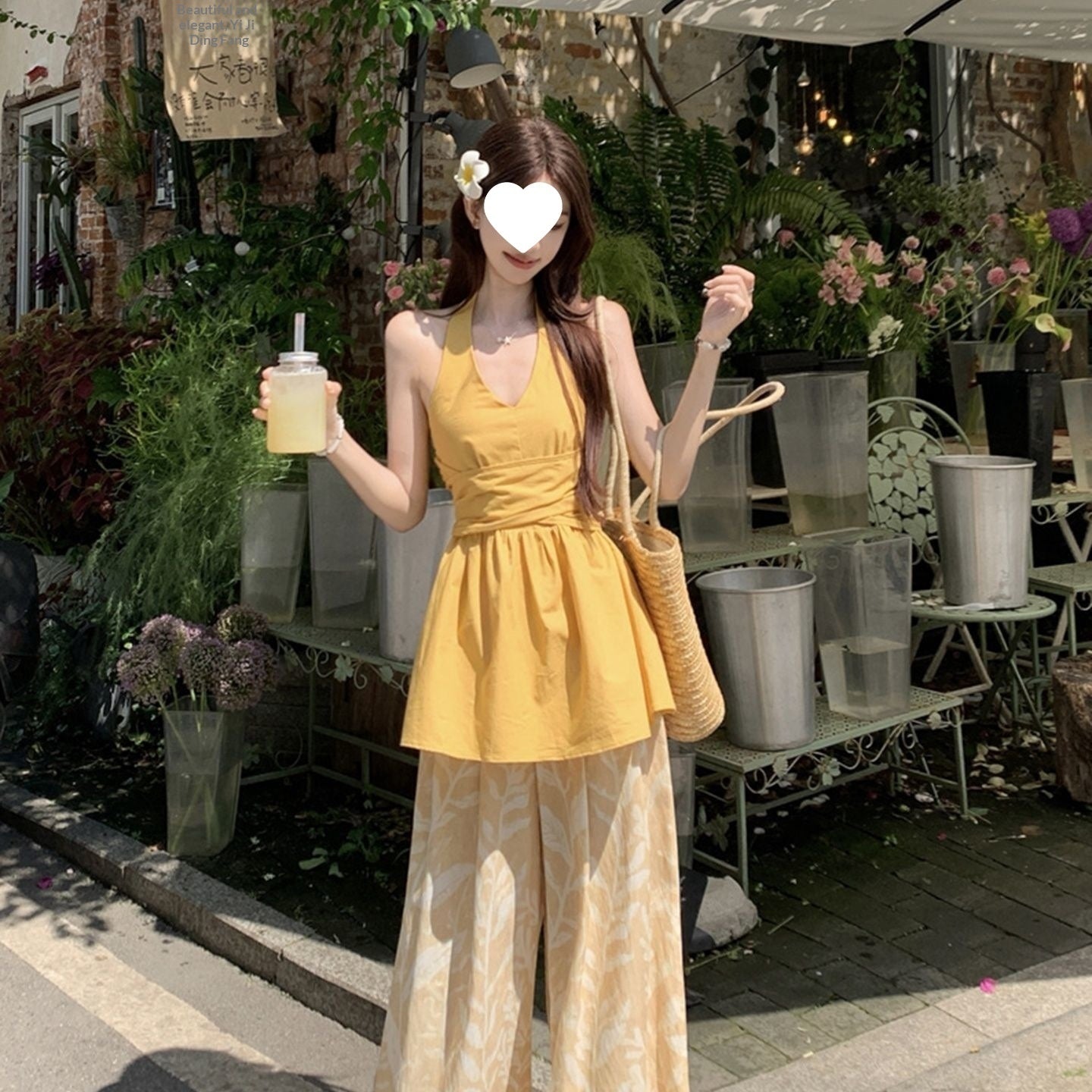 Pantalon d'été bi-pièces à deux manches à cintre jaune