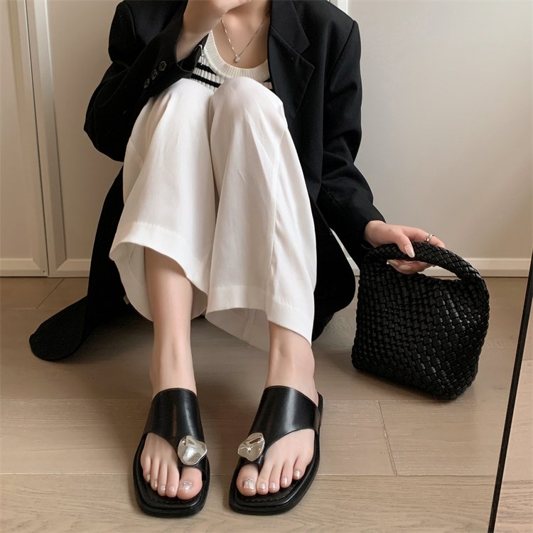 Femmes Minimalist Irrégulier métal Buckle Square Toe String Sandales coulissantes