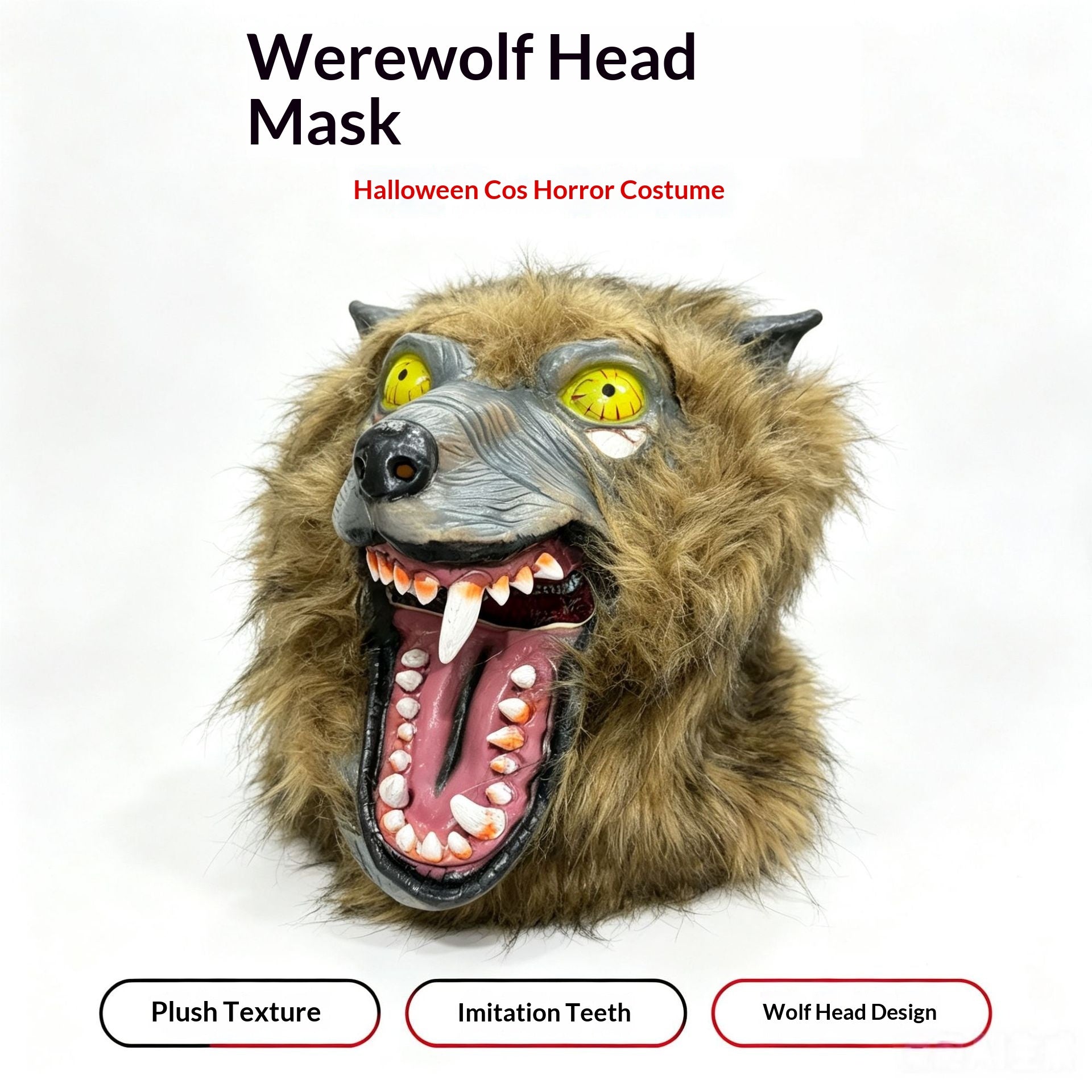 Masque de coiffure de loup-garou avec yeux jaunes et fangs pointus