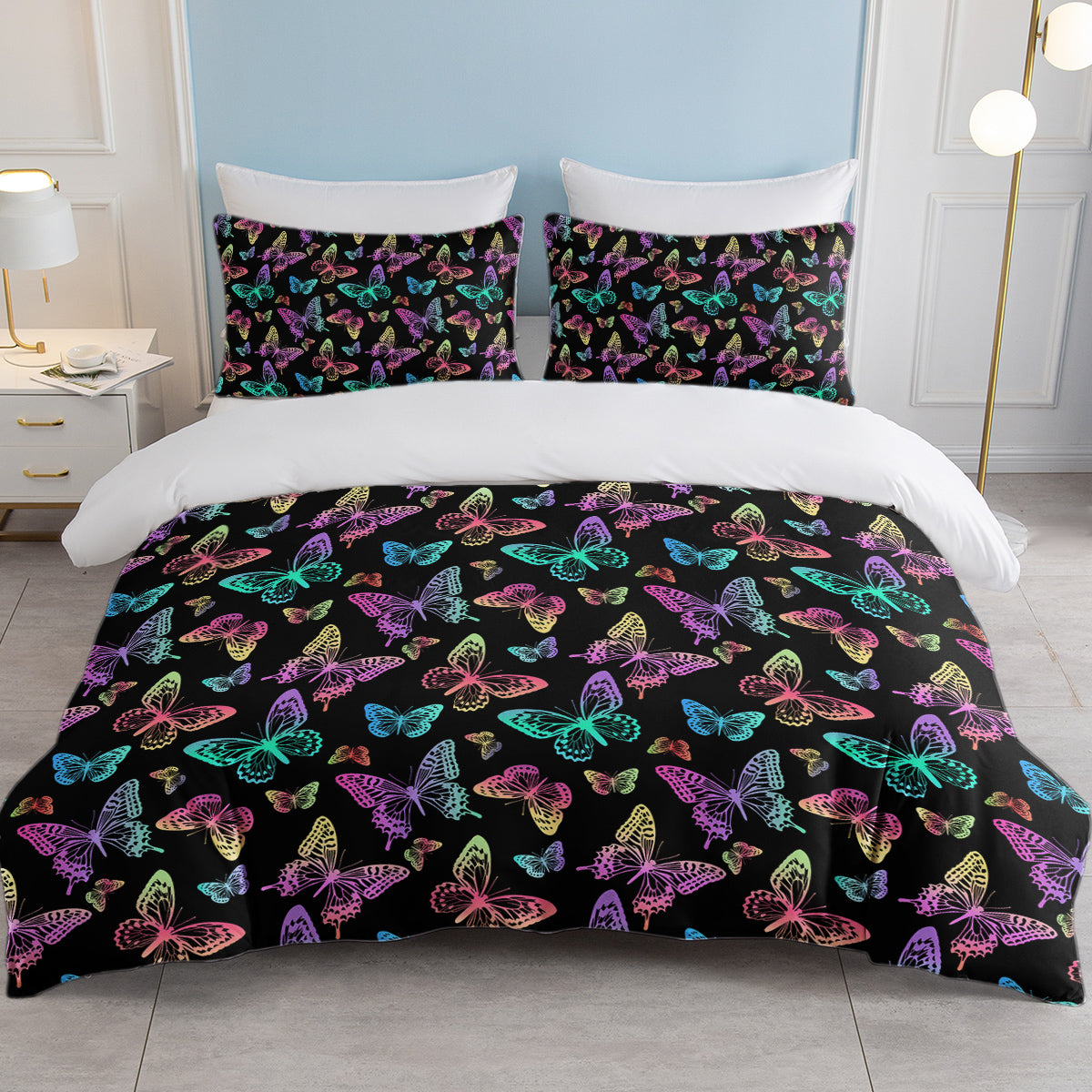 Neon Butterfly Printed Duvet Cover Set - Colorful Microfiber Bedding