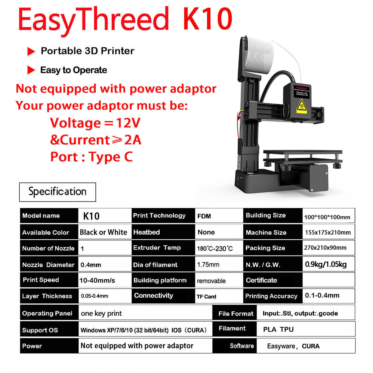 EasyTreed 3D Printer K10 Entry-level Use TPU PLA 175mm