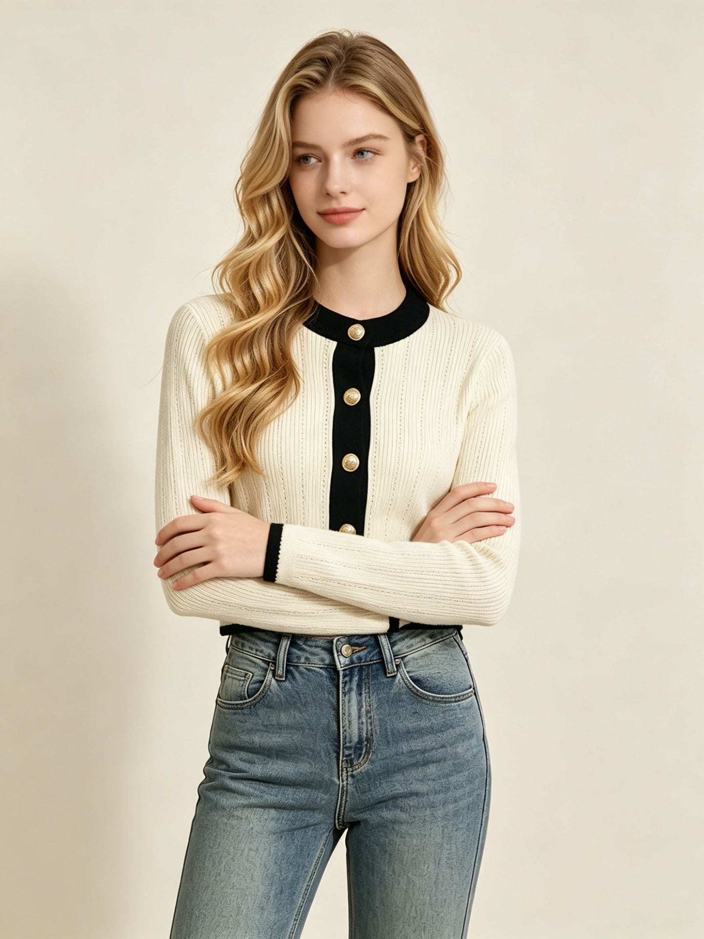Source usine printemps et automne couleur de verrouillage tricoté Cardigan Style Hollow Vertical Str