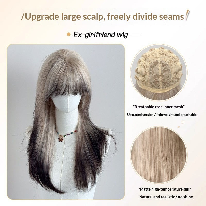 Ombre Long Curly Wig with Wispy Bangs