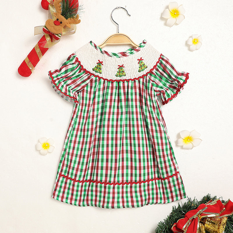 Bébé enfant Bébé Filles Robe de Noël Manche courte Arbre de Noël Brodé Plaid Ca