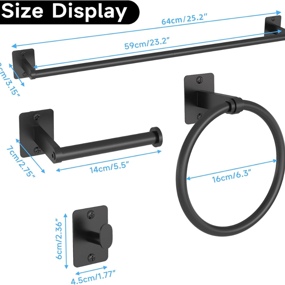 Black bathroom accessories: modern 4-piece wall-mounted set
