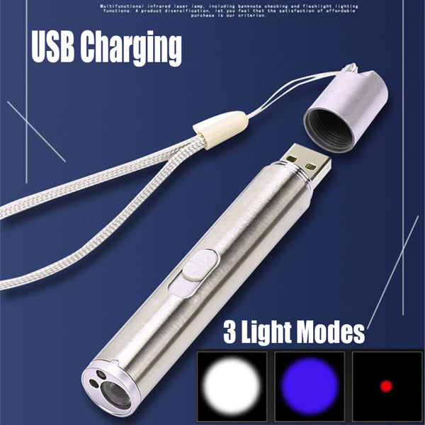 3 In1 1mw USB rechargeable jouet stylo lampe de poche rouge laser faisceau UV lumière 3-modes