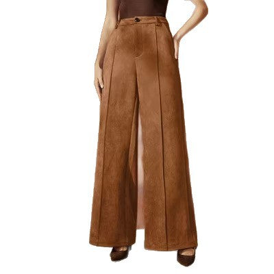 European and American Retro Suede Pantalons Wide-leg Femmes High-waited with A Draped Drape