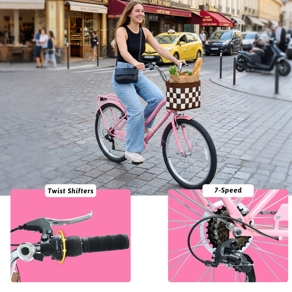 26 pouces vélo de navette de ville à 7 vitesses avec serrure et panier amovible Cadre en acier haute sensibilité