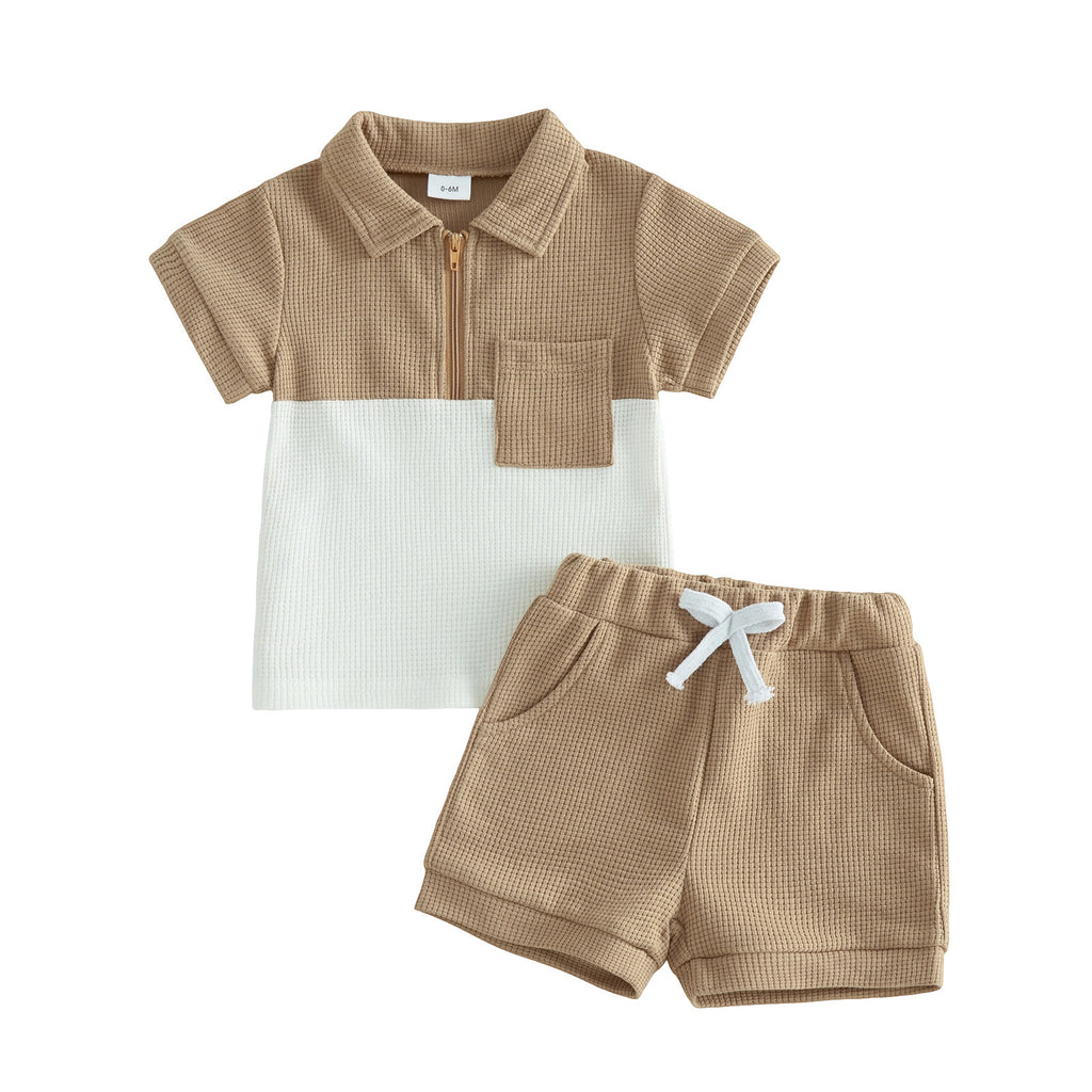 Ensemble de motifs de gaufres Top et shorts Lapel-zip
