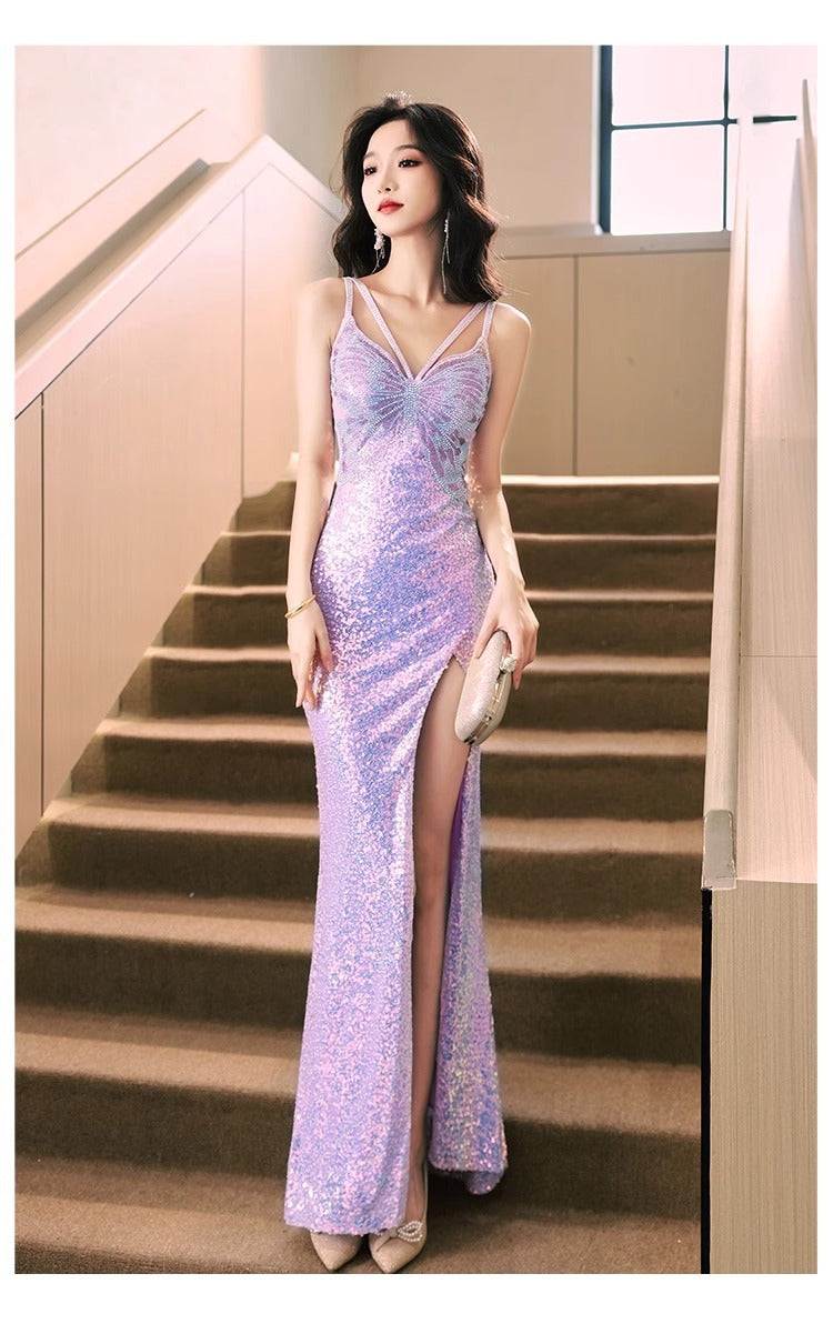 Robe de soirée pailletée Automne et hiver Violet Français Style Banquet haut de gamme