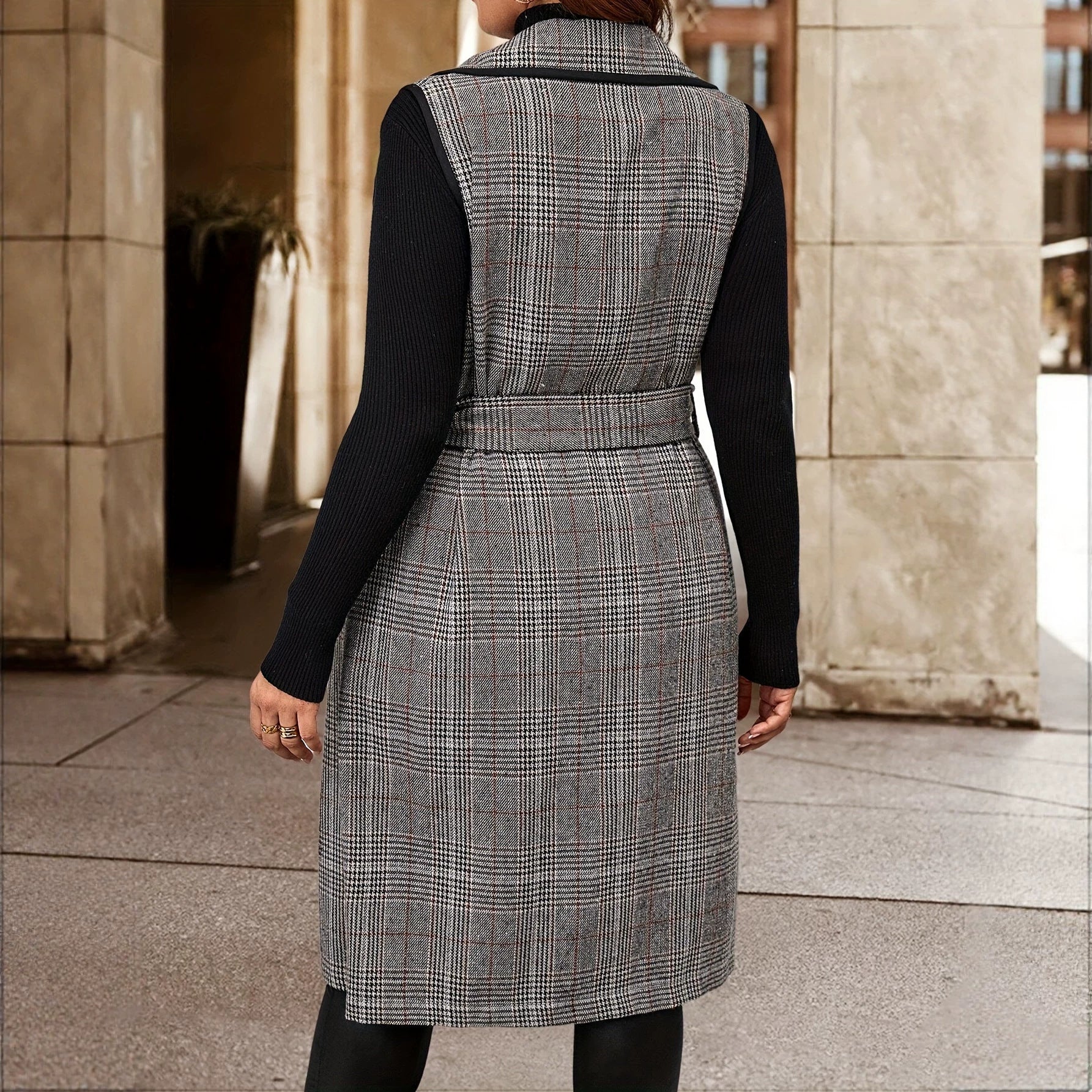 Femmes Élégante Long Houndstooth Veste