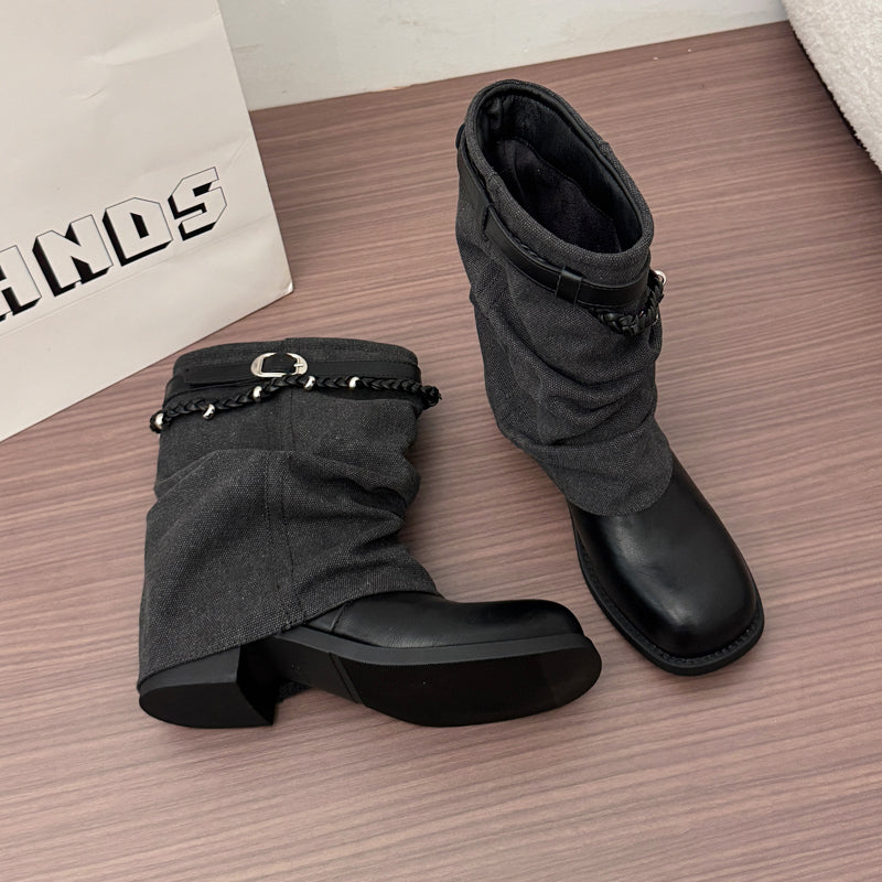 Style Vintage Block Talon plissé Pantalons Tube Bottes Femmes Automne Arrivée Trendy Fashion Boo