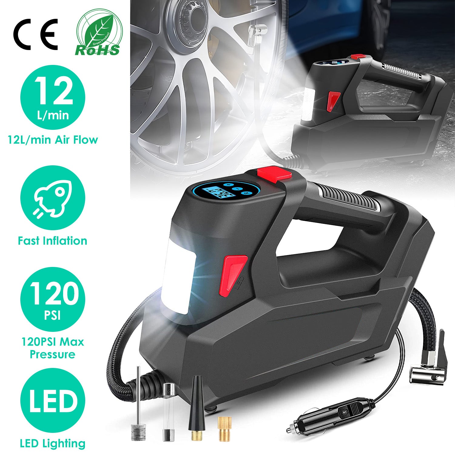 1Pc Gonflateur de pneus portable 120 PSI Gonflateur de pneus à puissance maximale 90W avec affichage numérique