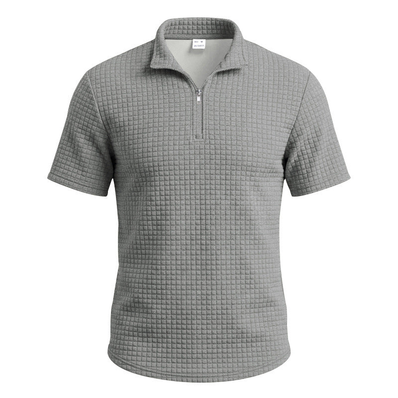 Homme Jacquard Plaid Relaxed-fit Stand-collar Polo manches courtes