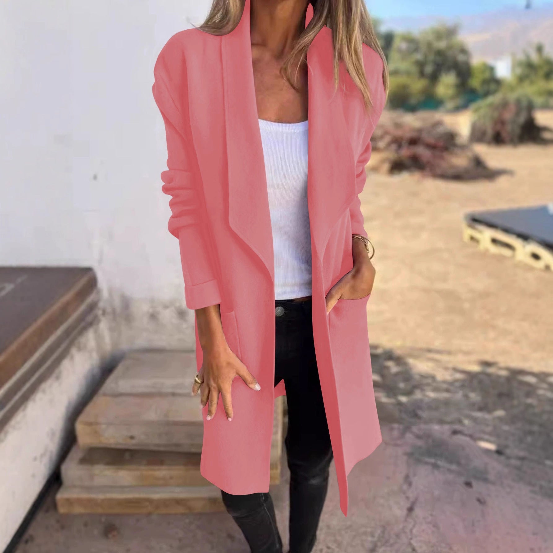 Femmes Waterfall Lapel Ouvert Avant Coat Longue Manche Loose Mid Longueur Veste Casual Outerwear