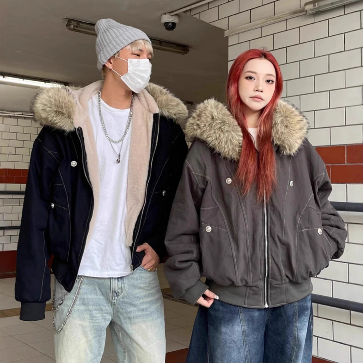 Manteau d'hiver de style américain avec un style vintage de collier de fourrure