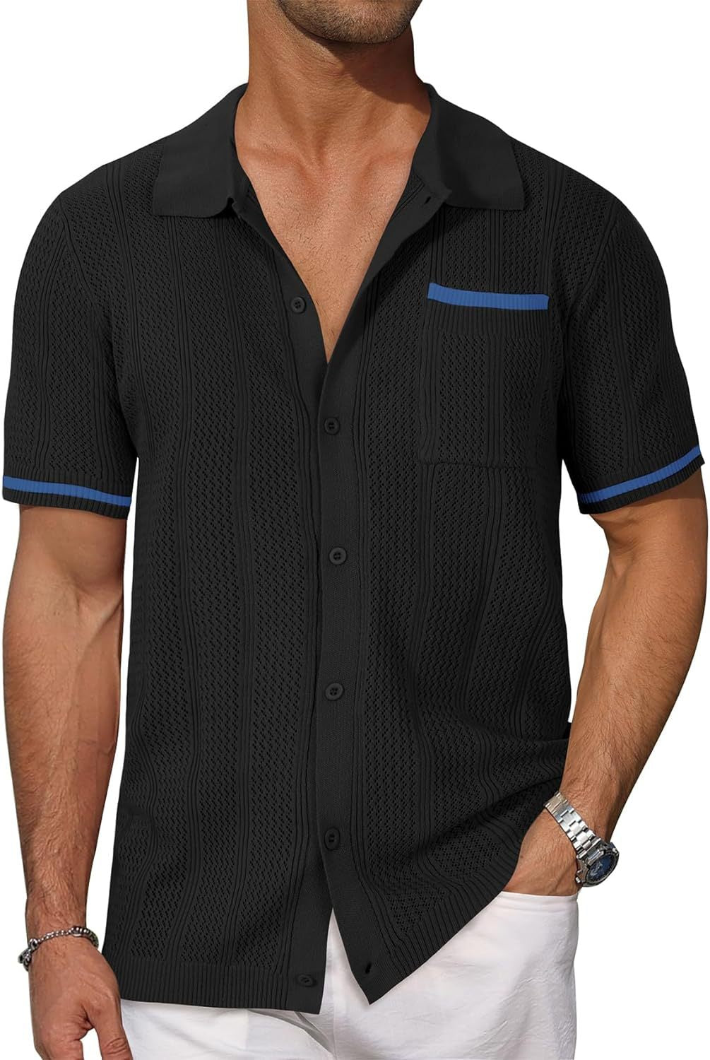 Chemise à manches courtes Poche Hollow Respirant Cool Summer Veste Casual Homme Cardigan