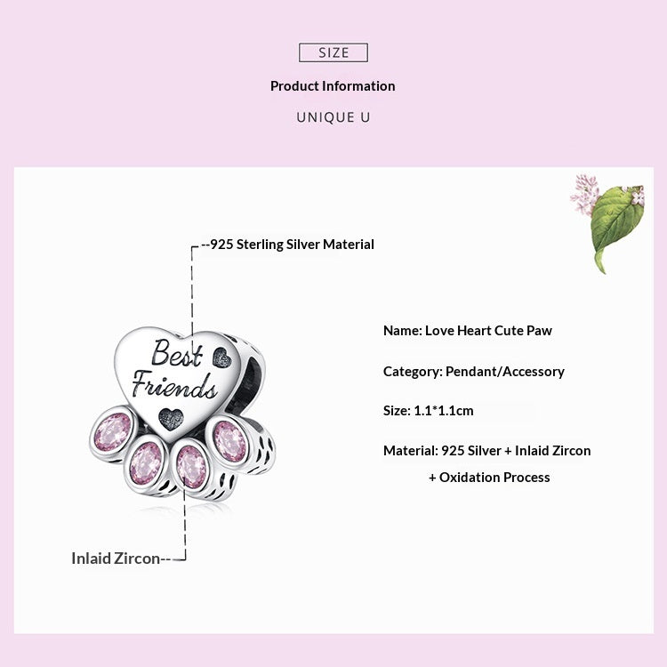 Argent Sterling coeur et mignon Paw Bracelet perlé