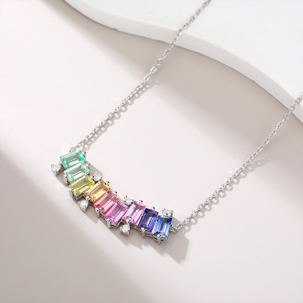 S925 Argent Sterling Rectangle Rainbow Lab-Grown Gemstone Collier 45cm Platinum plaqué Wi