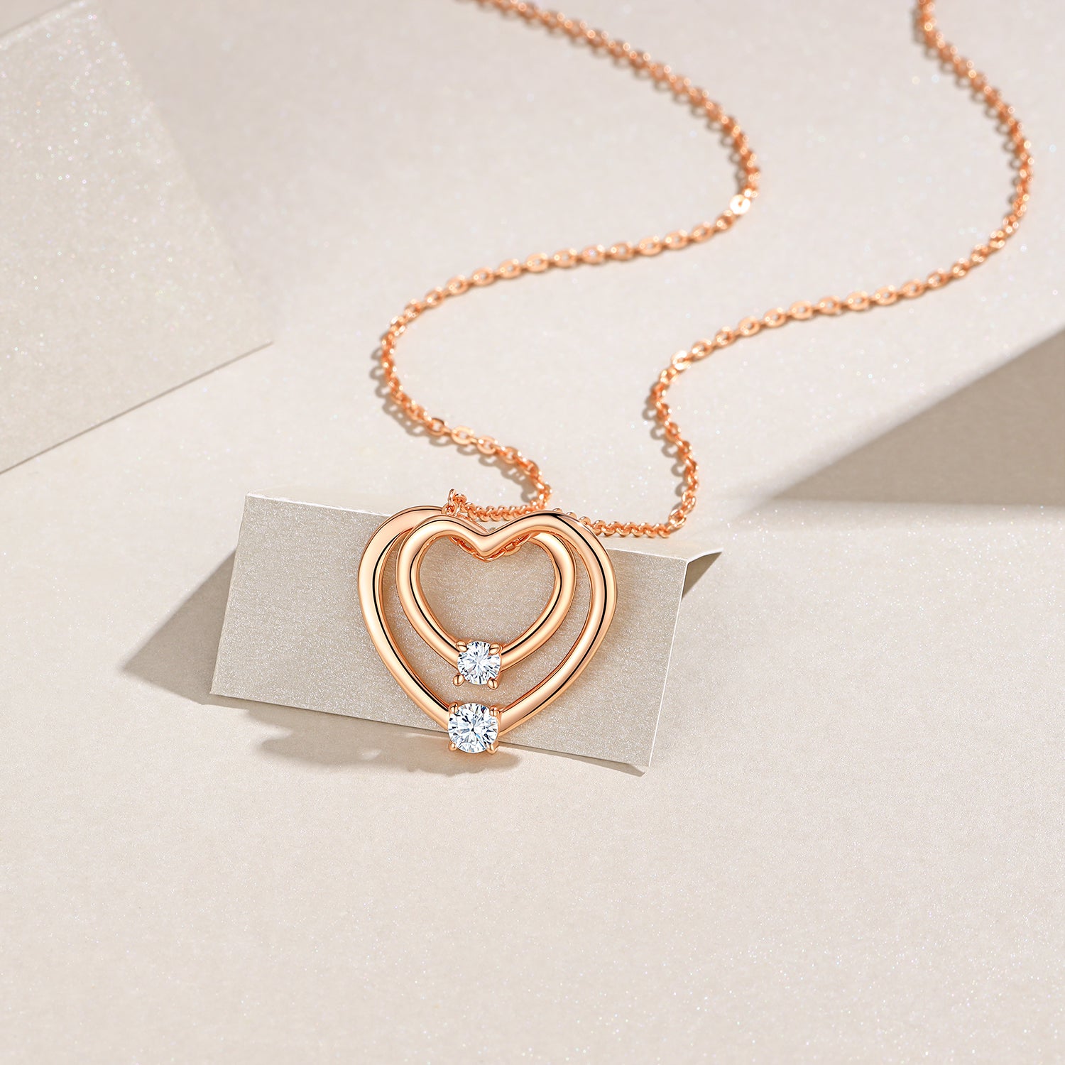 S925 Collier double coeur en or rose argent sterling