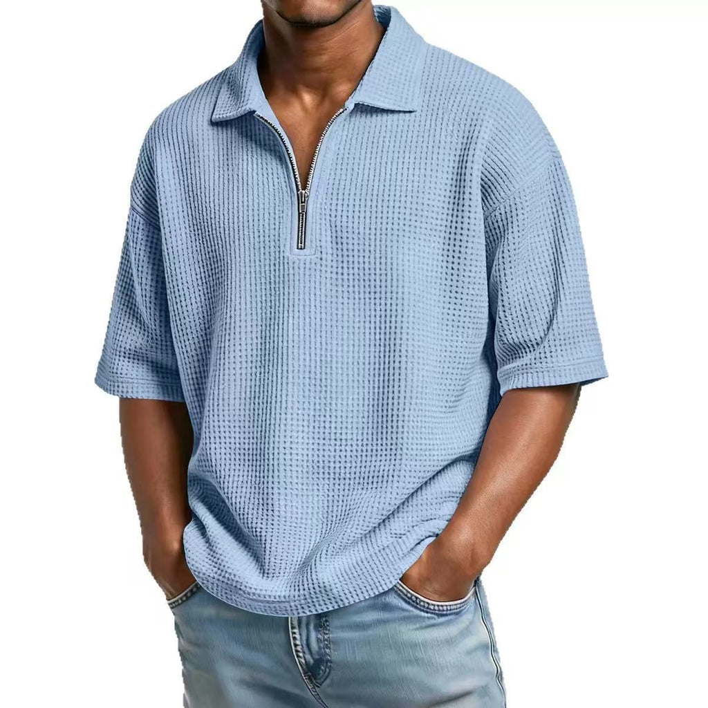 Men's European and American Summer Polo Shirt Waffle Solid Color Sports Casual Simple Shor
