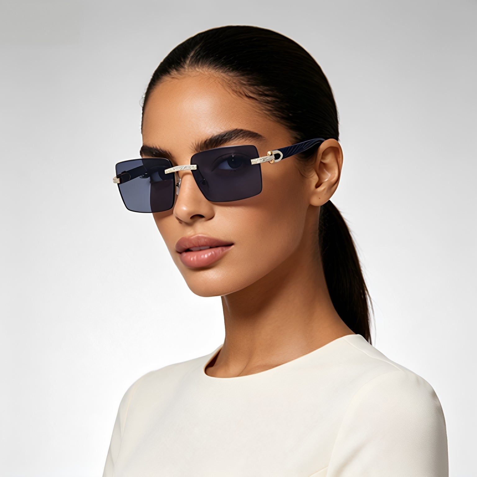 Lunettes de soleil homme sans cadre rétro avec bras de temple en bois incrusté de diamant