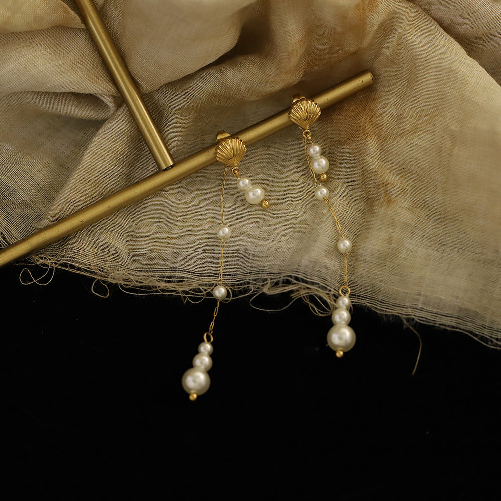 Boucles d'oreilles de style vintage Long Tassel Pearl Shell