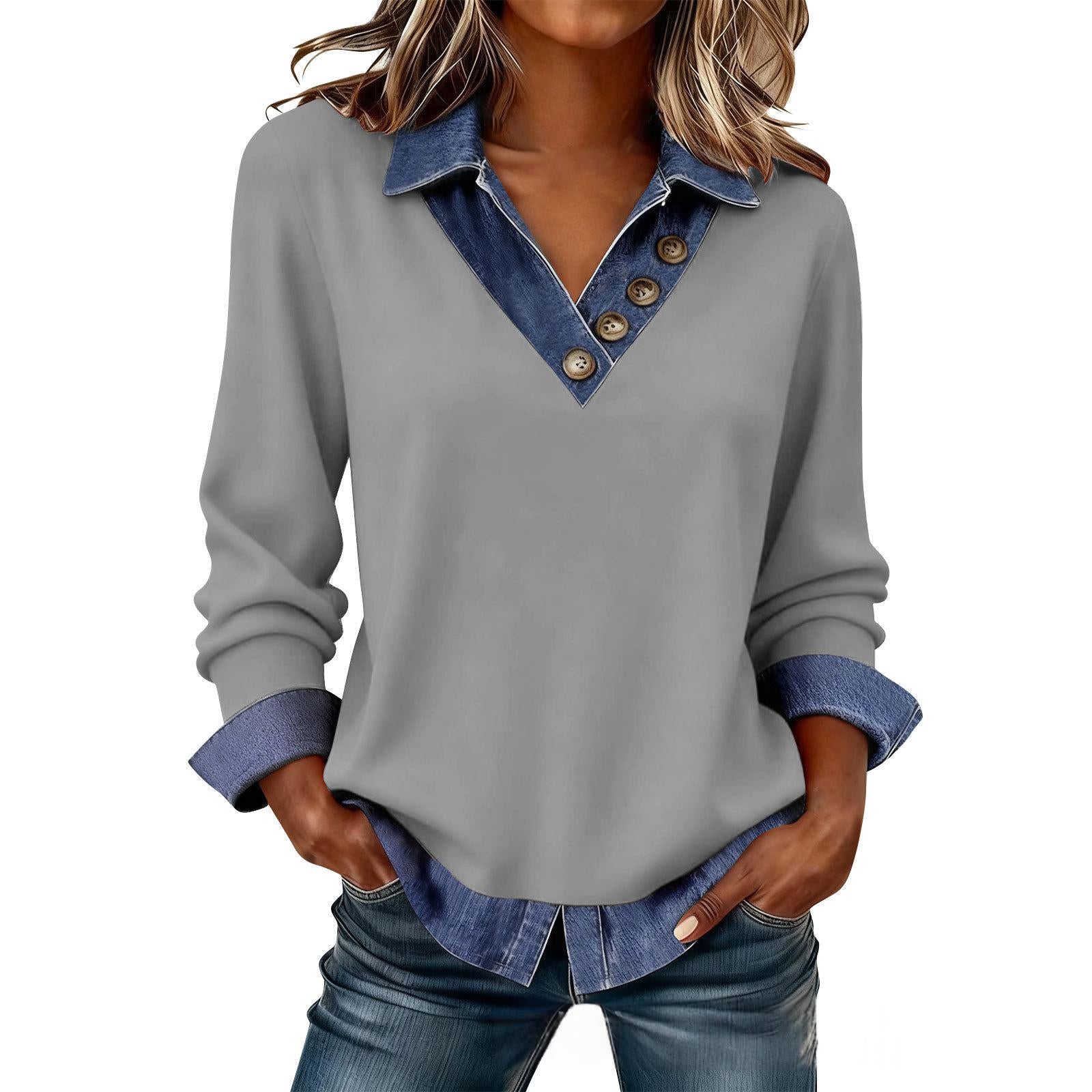 Top casual tricoté à manches longues avec un col V denim