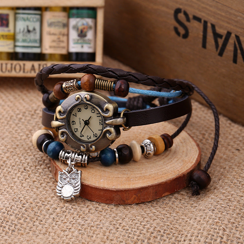 Montre Quartz pour femme Elégant bracelet en cuir de mode perlé