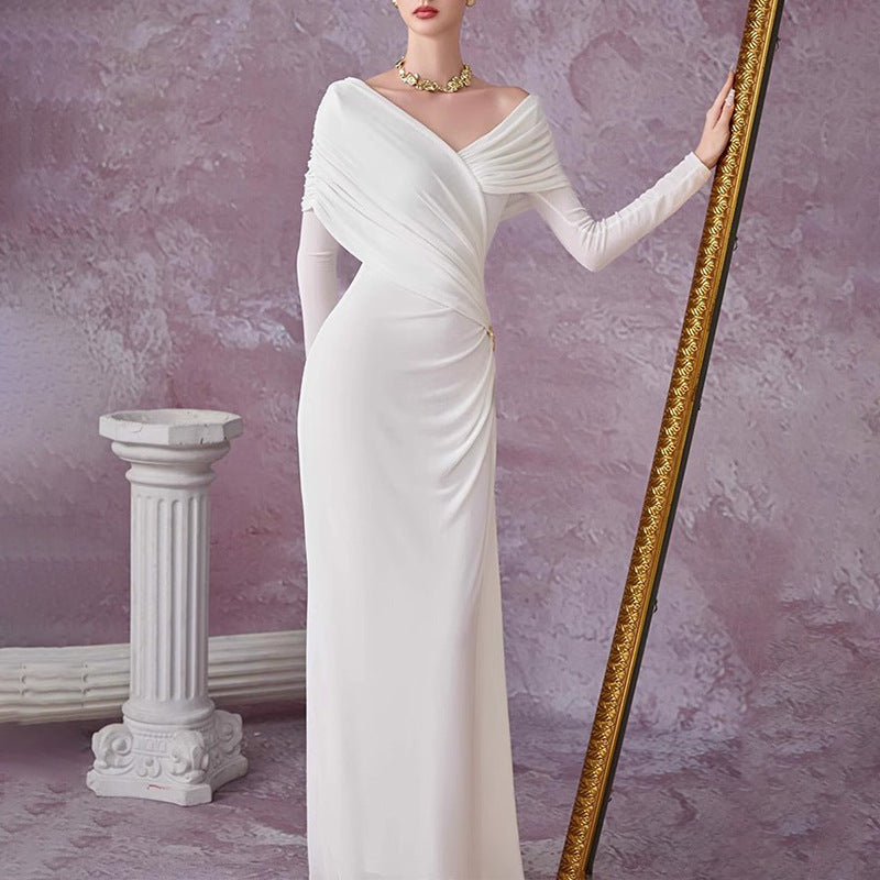 Robe de soirée à manches longues en col V drapé