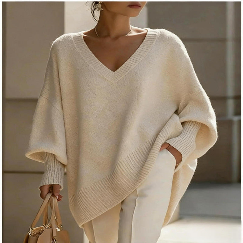 Femmes Solide-colore à la mode pull-fitting avec manches de puff et un col en V