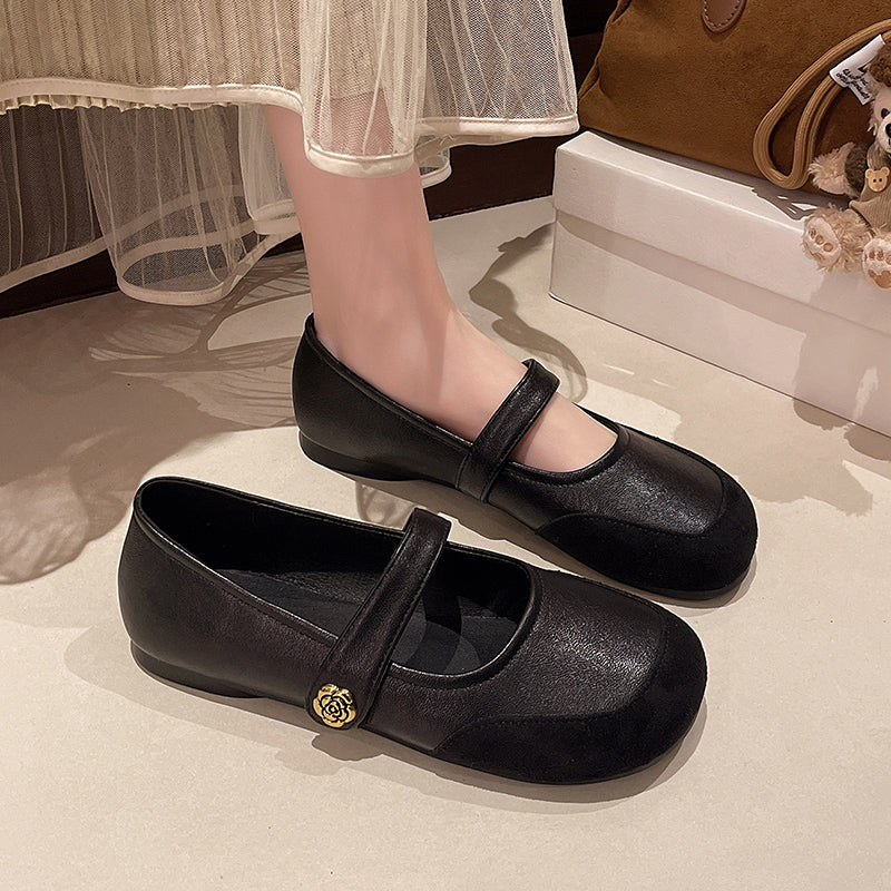Mocassins d'orteils ronds Femmes Printemps Français Vintage Shallow Bouche Pompes Une Strap Buckle Mary Ja