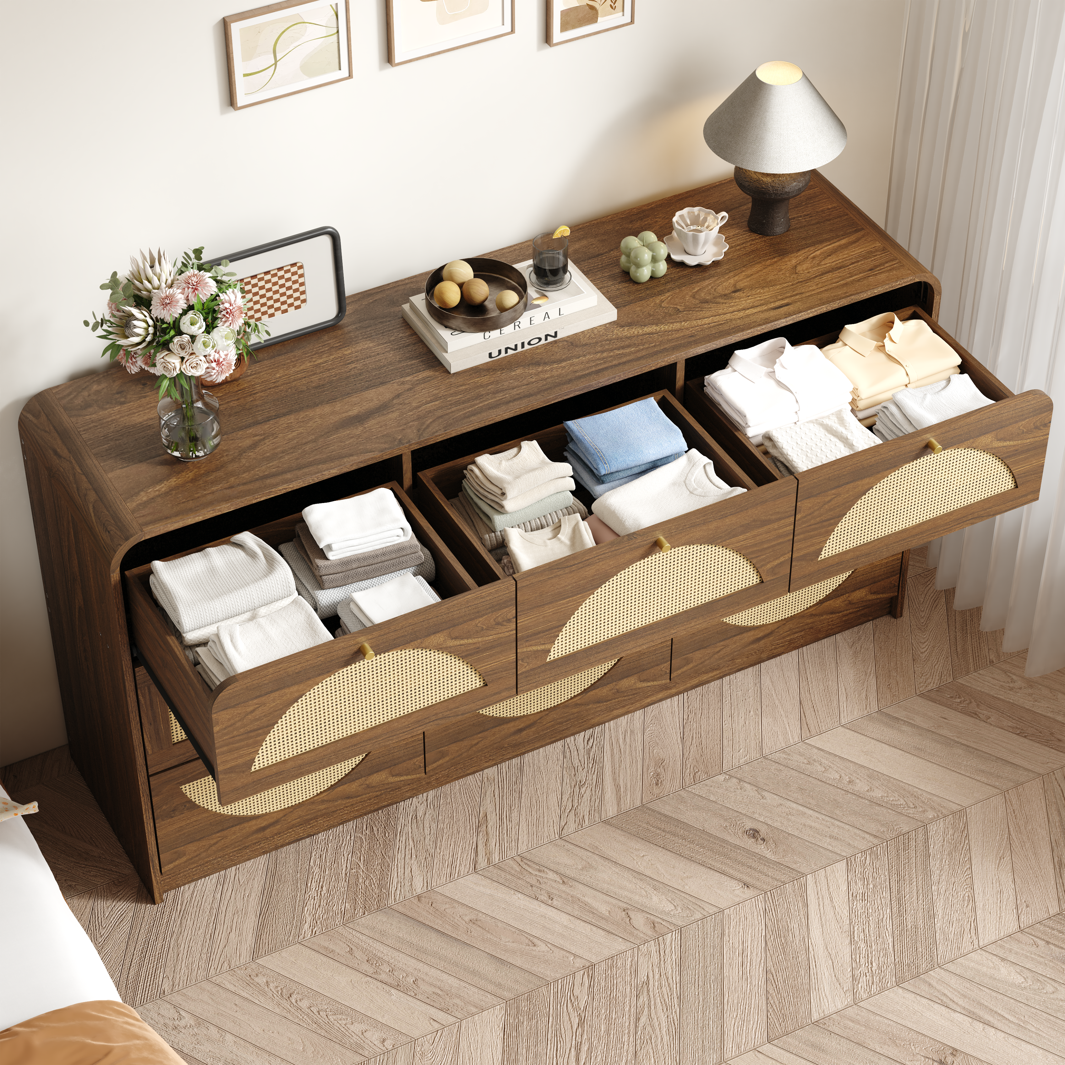 Finition de noix Dressing 9-Drawer avec Rattan Front