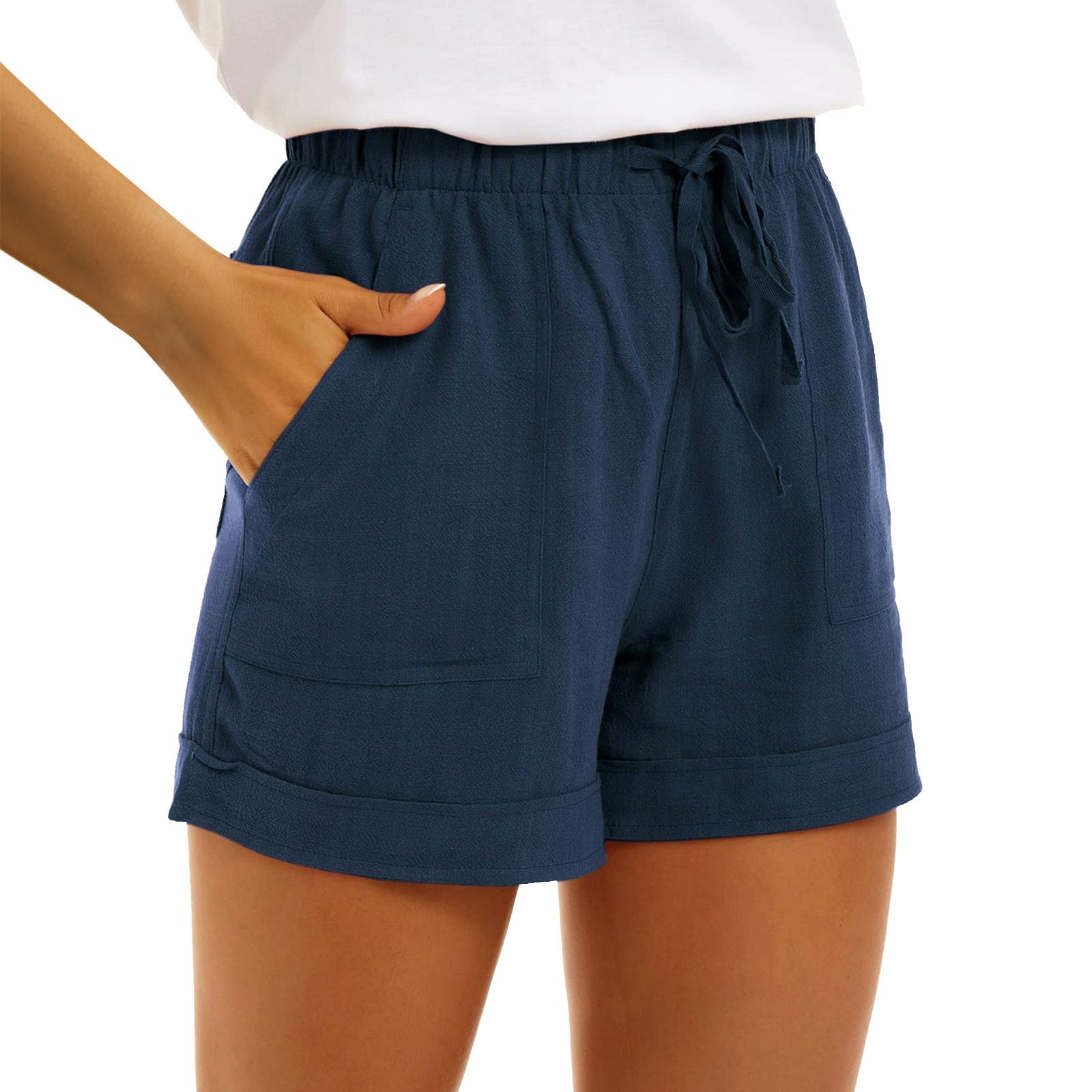 Vente Ladies Solid Color Cotton Lin Pocket Strap High Waist Casual Short