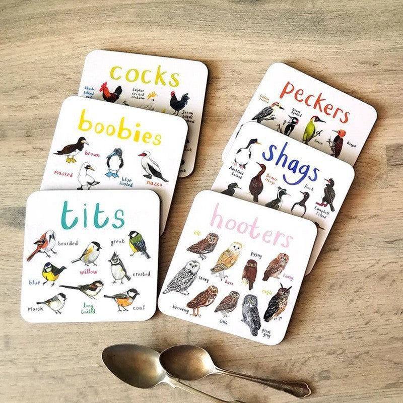 Sous-verres de pun d'oiseau Fun Square Boissons sous-verre pour enfants Tapis de coupe en bois et PVC Accueil Kitch