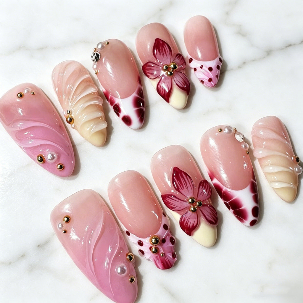 Nu de longueur moyenne Gradient Nails à pression florale tridimensionnels