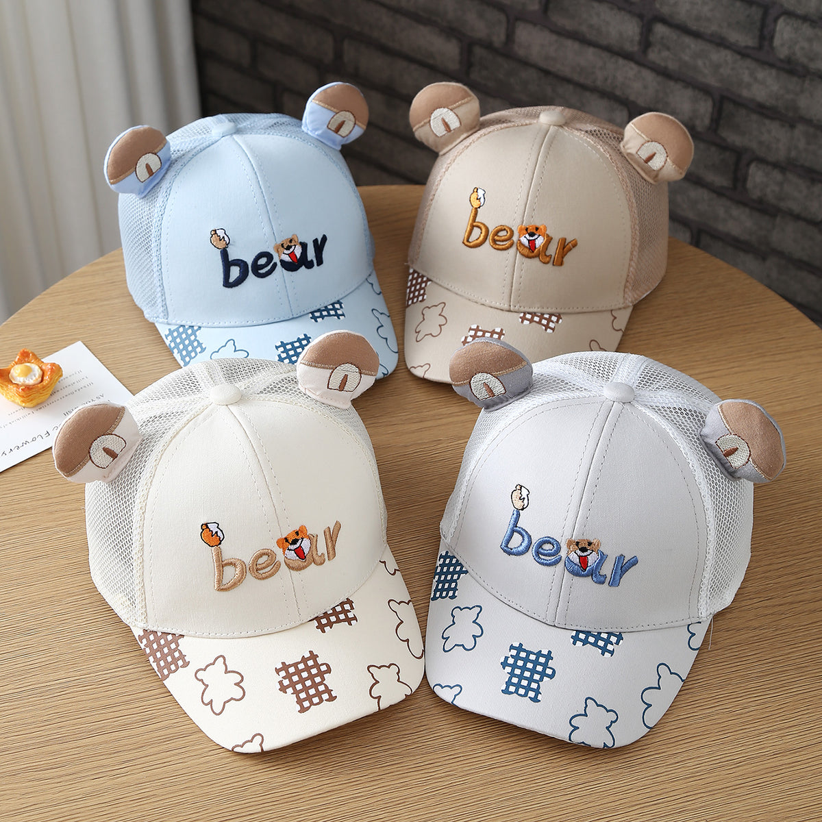 Oreilles de dessin animé Broded Bear Casquette enfant en tissu net