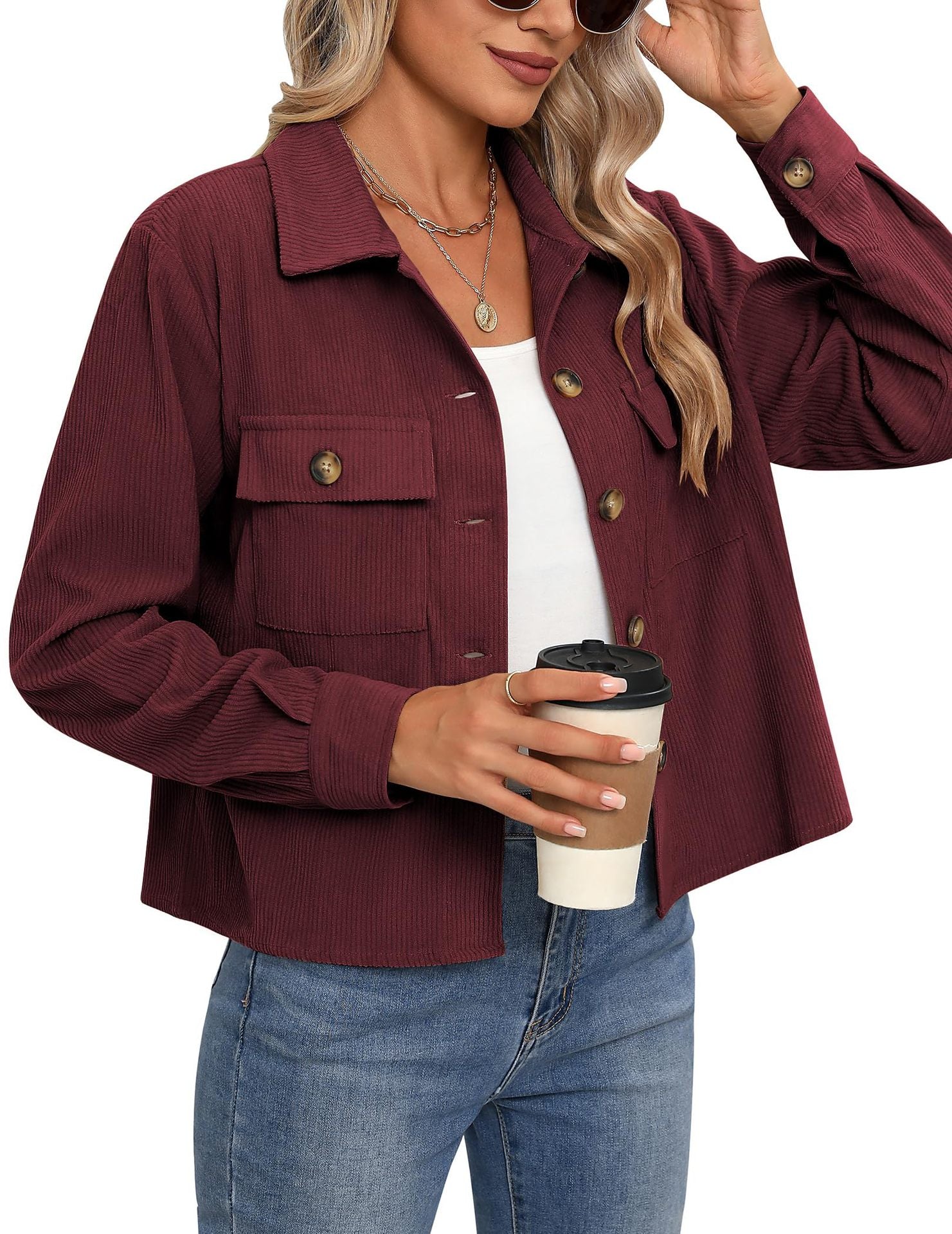 Femmes Casual Corduroy Bouton vers le bas Veste taillée Mode Court Top