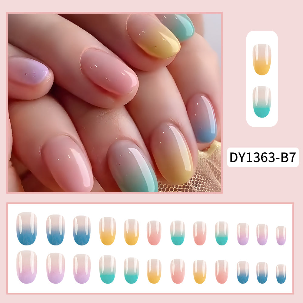 24 pièces Court Ovale Arc-en-ciel Gradient Design Nail Polish Set.Long Press On The Nail. Inclure