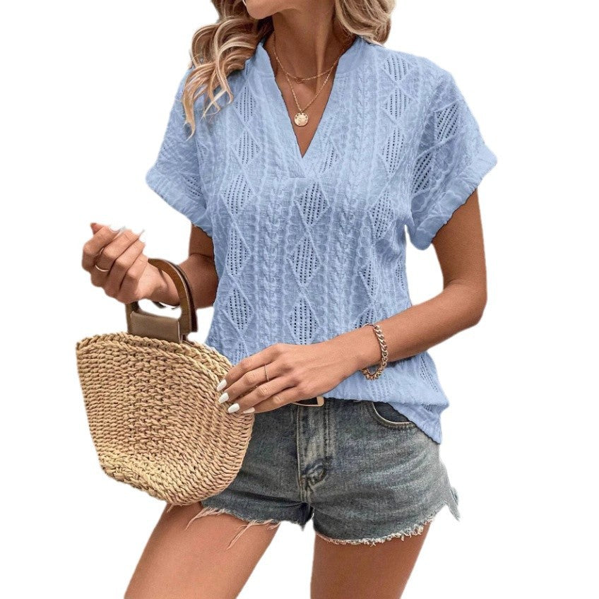 European and American Summer Casual Hollow Jacquard V-Neck Loose Shirt à manches courtes pour W